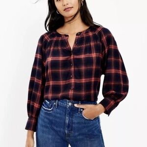 LOFT Smocked Split V Raglan Balloon SLV Red/Black Plaid Henley Cottagecore Top S